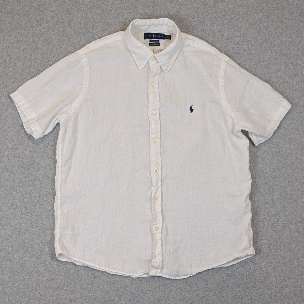 Polo Ralph Lauren 100% Linen Shirt Men's Large White Short Sleeve Classic Fit